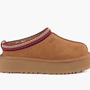 UGG Tan Suede Platform Clogs with Red Trim